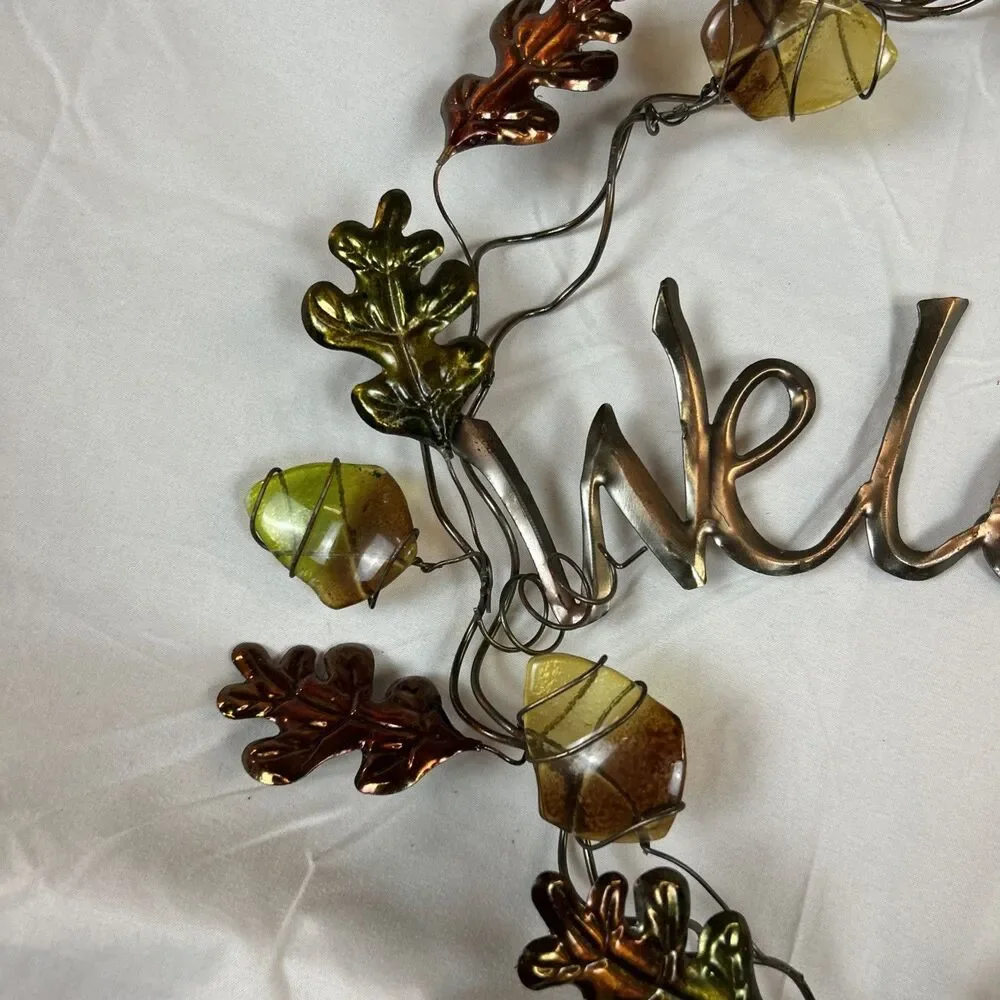 Fall Leaves Welcome Wreath Hanging Metal & Glass Decor Thanksgiving 17x13”